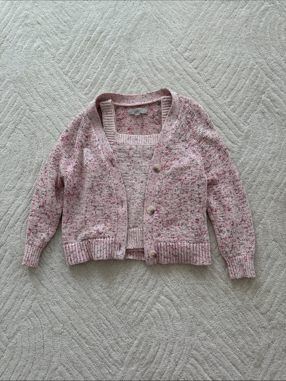 LOFT Pink Multi-Tone Speckled Knit Cardigan Tank Top Set